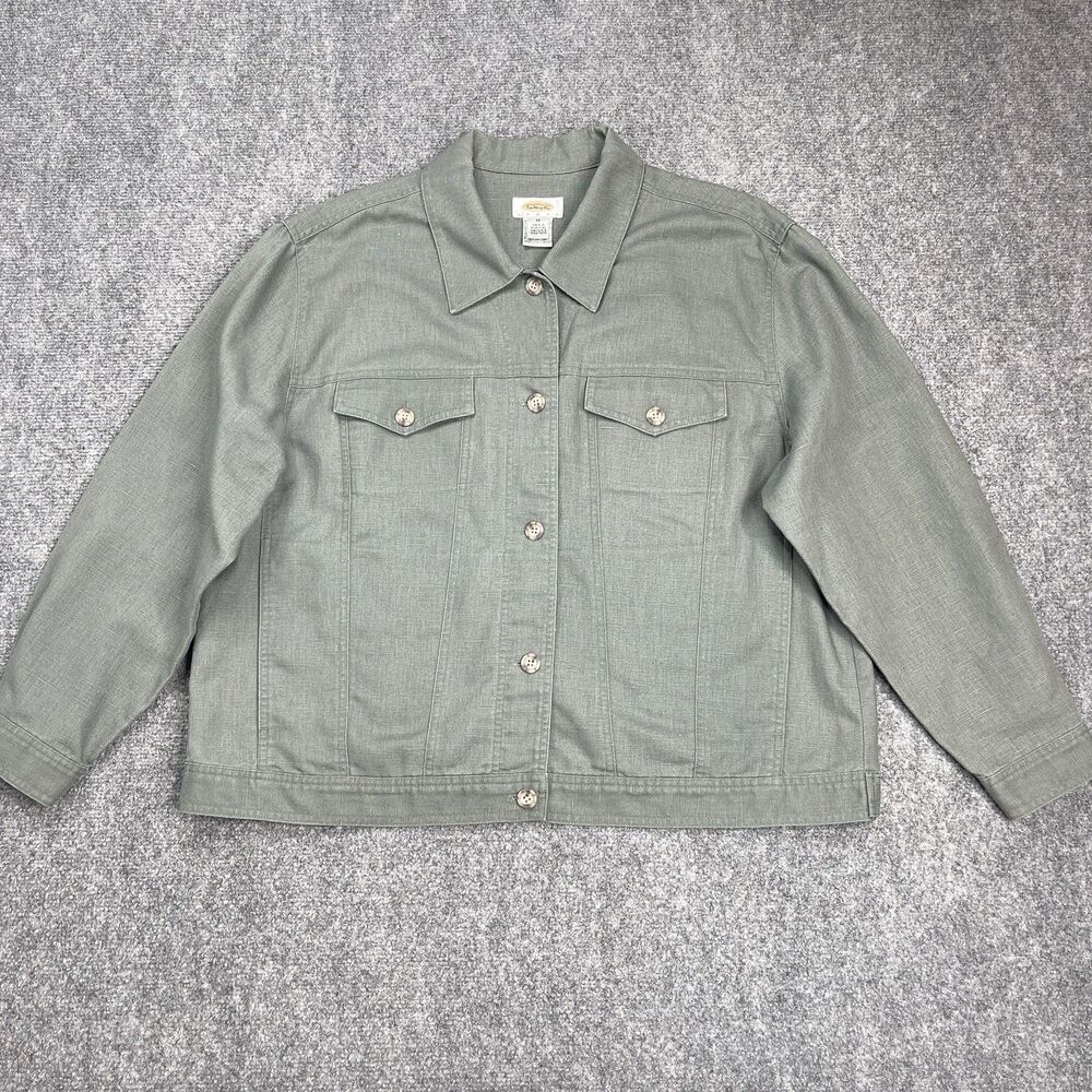 Talbots Linen Blend Jacket Womens 1X Green Button Front Pockets